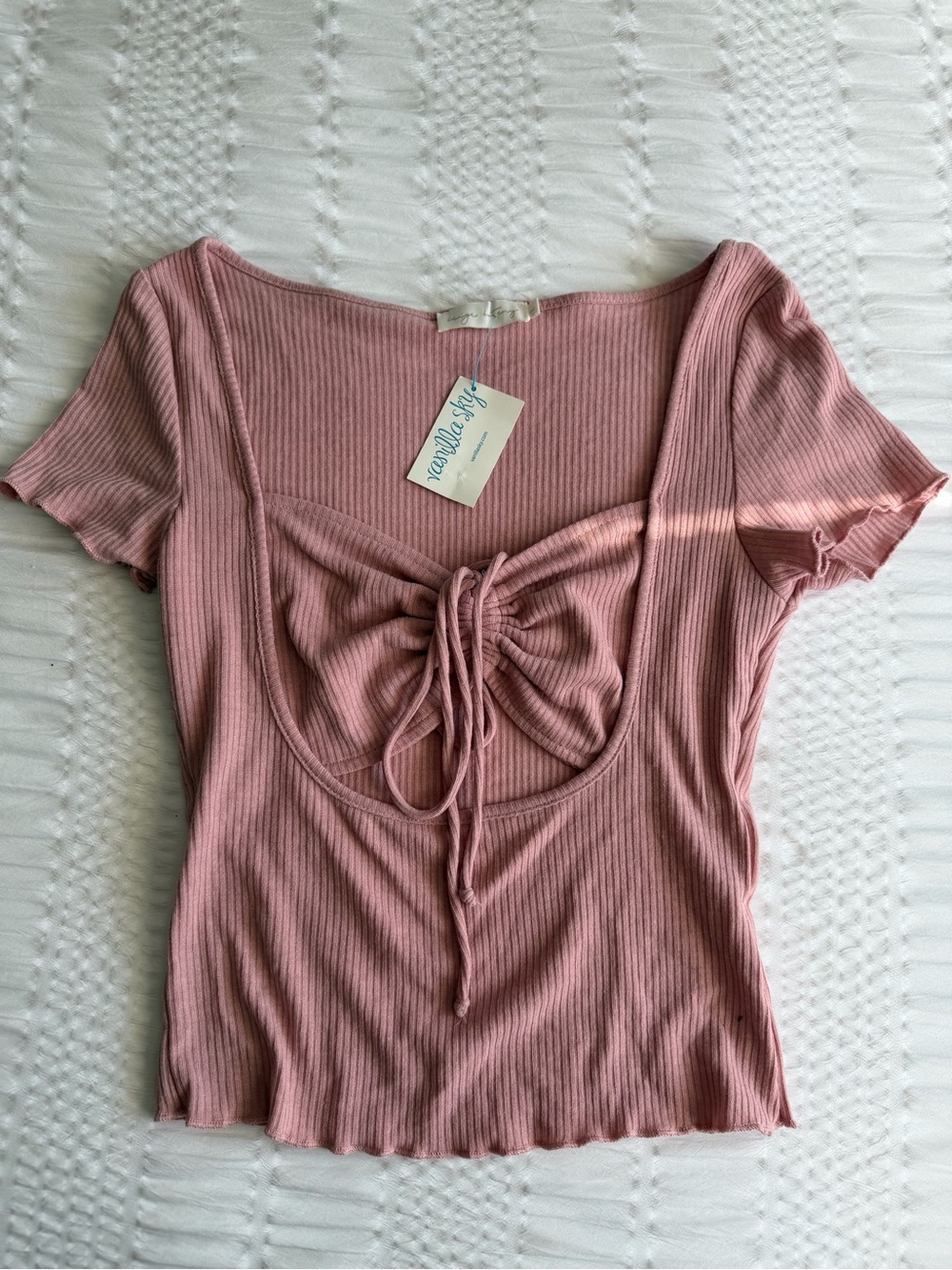 Ribbed Tie-Front Top - Dusty Rose